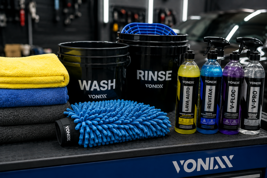 Como Lavar o Carro em Casa: Guia Completo (Sem Gastar uma Fortuna) 2 kit — shampoo, baldes, luva de microfibra e panos organizados