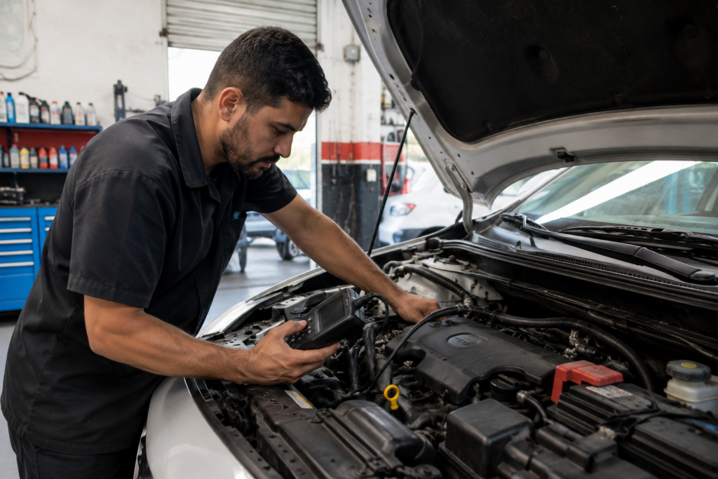 Carro Seminovo Desvalorizado: Vale a Pena Comprar em 2026? 4 Mecânico fazendo vistoria em carro seminovo antes da compra