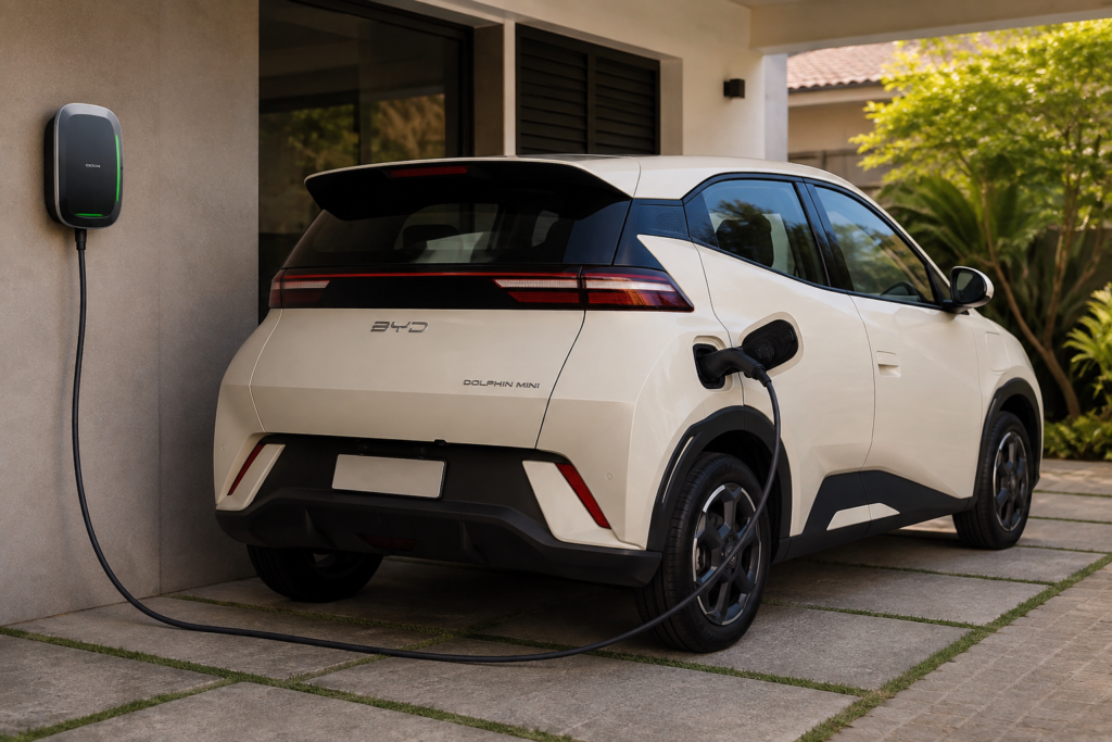 Marcas de Carros Elétricos Chineses no Brasil: Guia 2026 4 carro elétrico chinês compacto carregando em ponto de recarga residencial