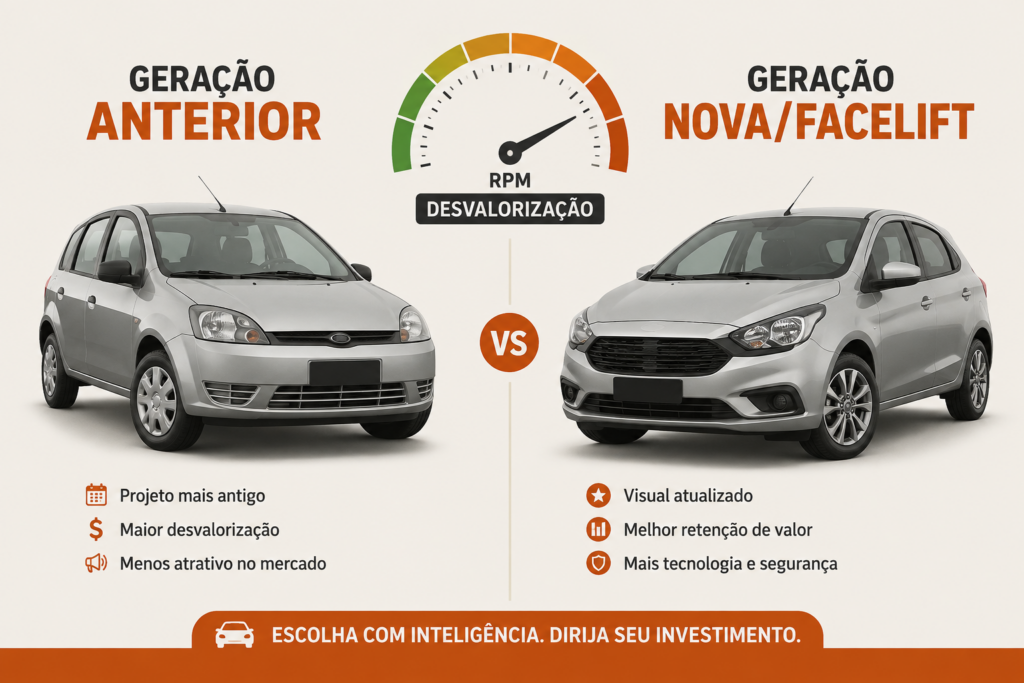 Carro Seminovo Desvalorizado: Vale a Pena Comprar em 2026? 3 Comparação entre geração antiga e nova de carro popular após facelift