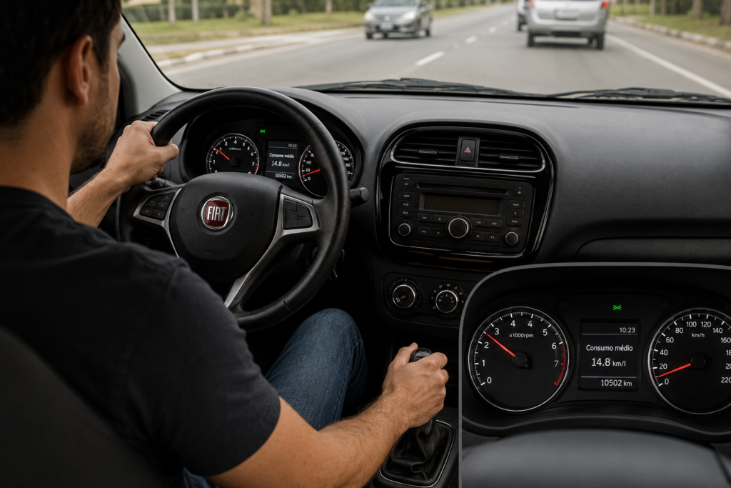 O Que É RPM do Carro? Entenda de Uma Vez por Todas 4 motorista trocando de marcha observando o RPM no painel para economizar combustível