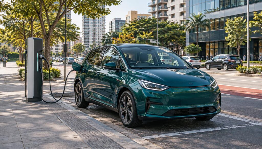 Carros Elétricos Mais Baratos do Brasil: Guia Completo 2 Carro elétrico compacto carregando em ponto de recarga público na cidade
