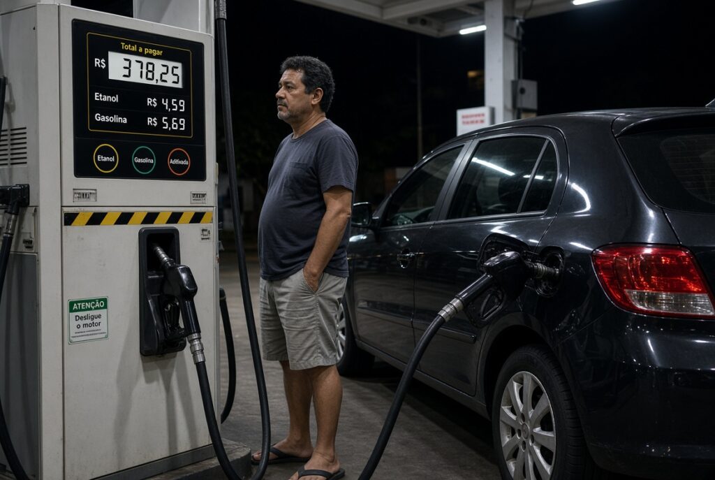 Motorista abastecendo o carro em um posto, bomba de combustível visível com etanol e gasolina