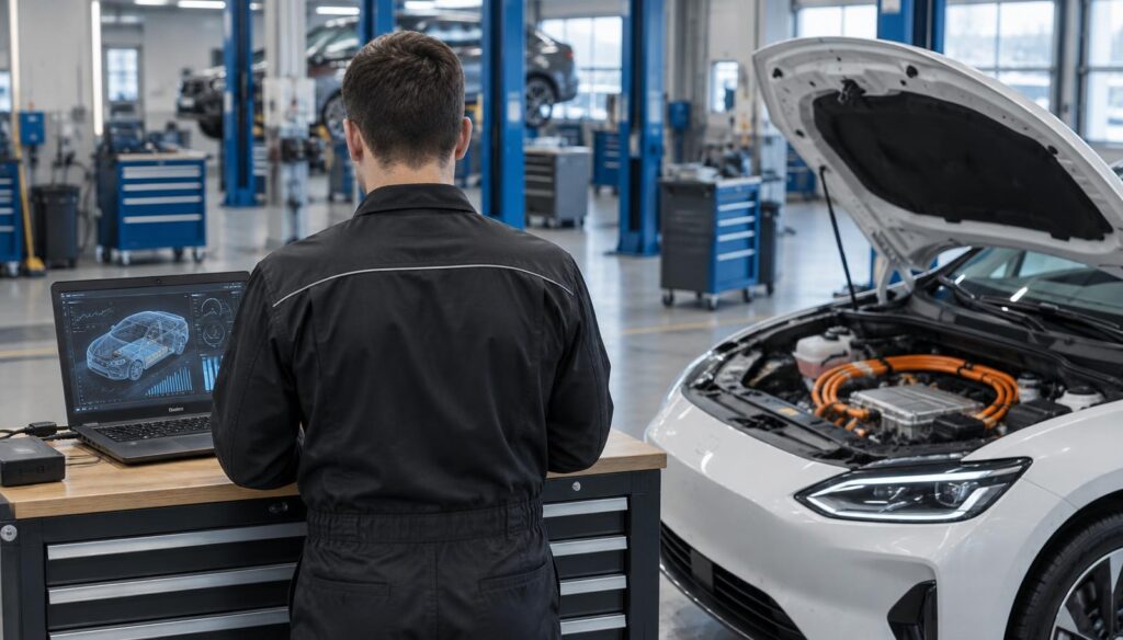 Carros Elétricos Mais Baratos do Brasil: Guia Completo 5 Técnico realizando vistoria e diagnóstico de bateria em carro elétrico usado