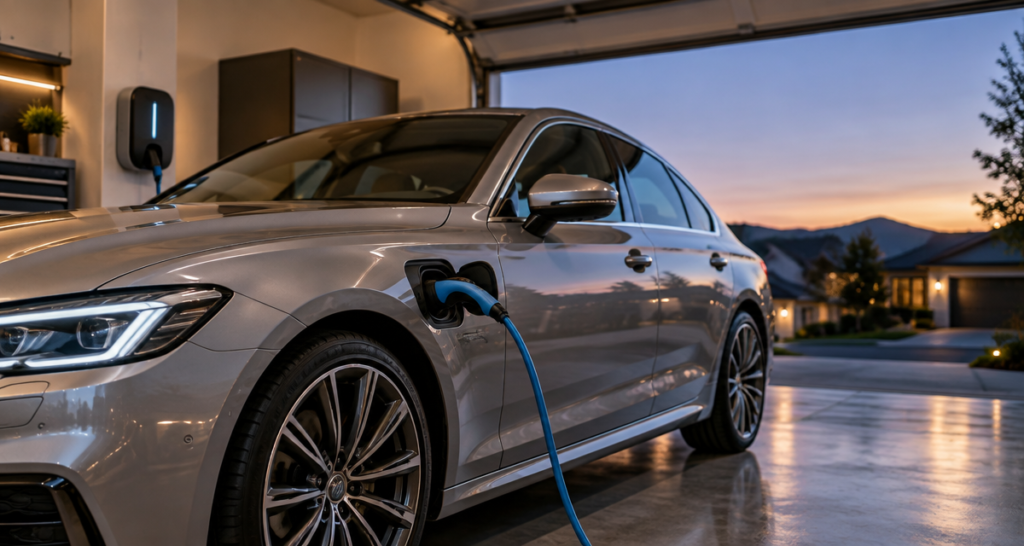 Carro Híbrido Mais Barato do Brasil: 5 Opções e Como Escolher 8 Carro híbrido plug-in sendo carregado em uma garagem residencial