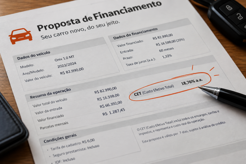 Contrato de financiamento de veículo com o campo do CET