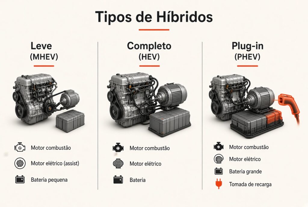 Carro Híbrido Mais Barato do Brasil: 5 Opções e Como Escolher 3 Infográfico com a diferença entre híbrido leve, híbrido pleno e híbrido plug-in