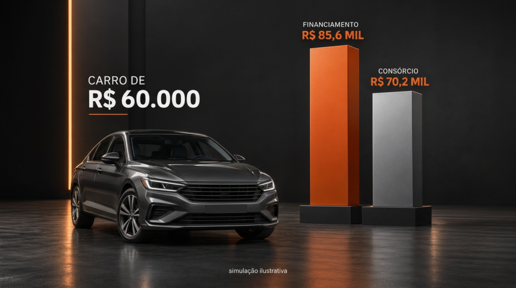 comparando o custo total do carro no financiamento e no consórcio em uma simulação