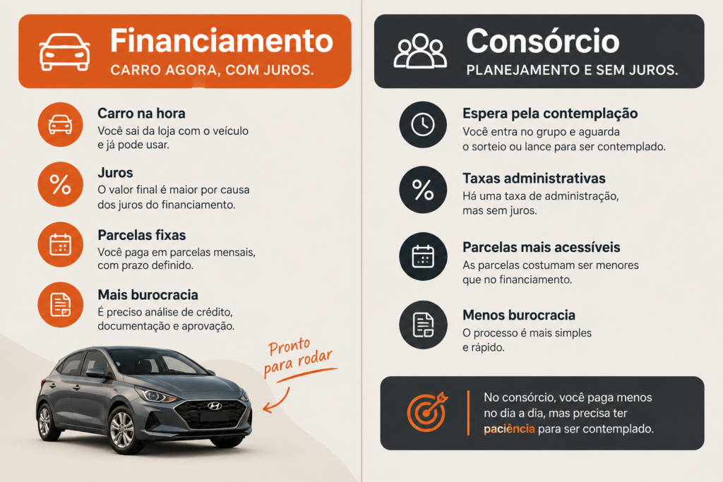 financiamento com carro na hora e consórcio com espera pela contemplação